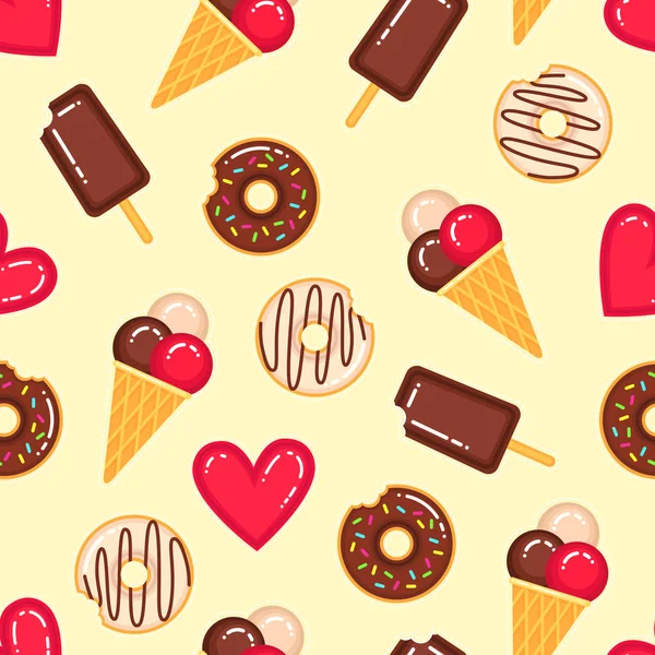 Patrón vectorial divertido de donas, helados y corazones rojos sobre fondo amarillo — Vector de stock