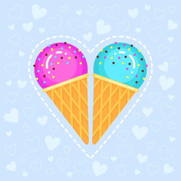 Illustration vectorielle de crèmes glacées dans des verres à gaufres cônes sur fond bleu avec des cœurs — Image vectorielle