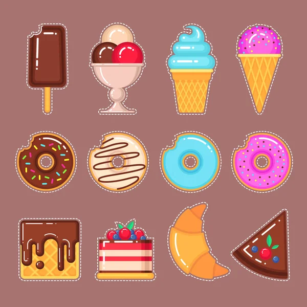 Vektor-Set mit Eis, Donuts, Waffeln, Kuchen und Croissant — Stockvektor