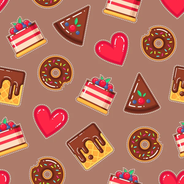 Vektormuster mit Donuts, Kuchen, Waffeln und roten Herzen — Stockvektor