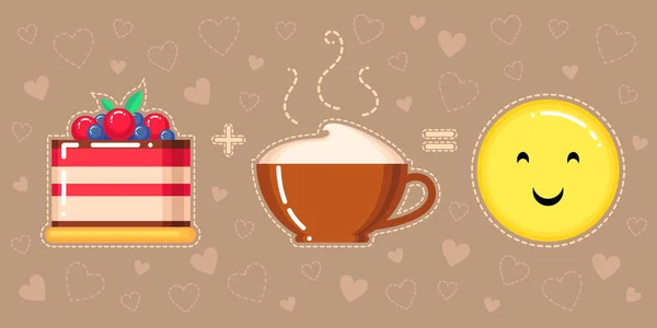 Illustration vectorielle de gâteau, cappuccino tasse et sourire visage jaune — Image vectorielle