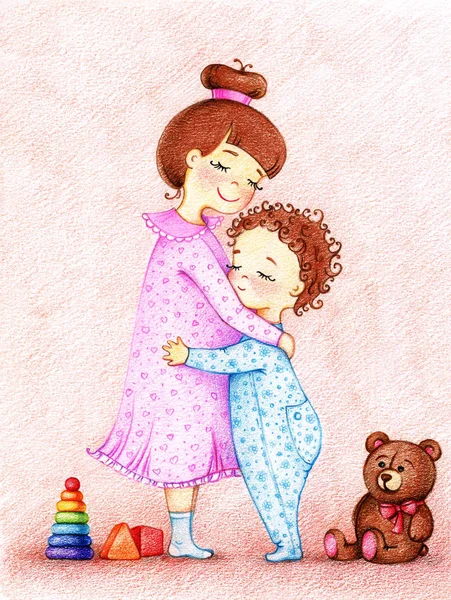 Mãos desenhadas imagem de duas crianças abraçar uns aos outros pelos lápis de cor — Fotografia de Stock