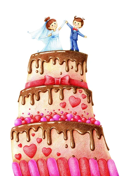 Foto do bolo de casamento com noivo e noiva pelos lápis de cor — Fotografia de Stock