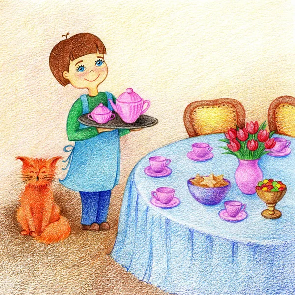 Eller çizilmiş resim küçük çocuk bir tepsi ile çay ayakta tablo ve kırmızı kedi yakınındaki bir yemek odası tarafından renkli kalemler tutar — Stok fotoğraf