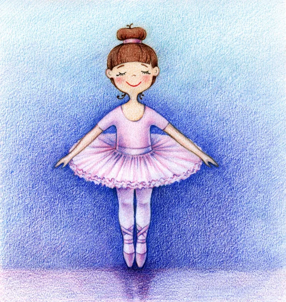 Руки нарисованы рисунком маленькой балерины на сцене цветными карандашами — стоковое фото