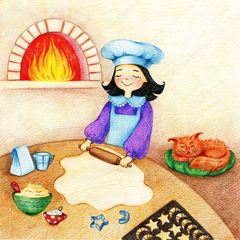  hands drawn picture of little girl standing at the table on a kitchen and prepares a pie and red cat sleeps on a green pillow by the color pencils