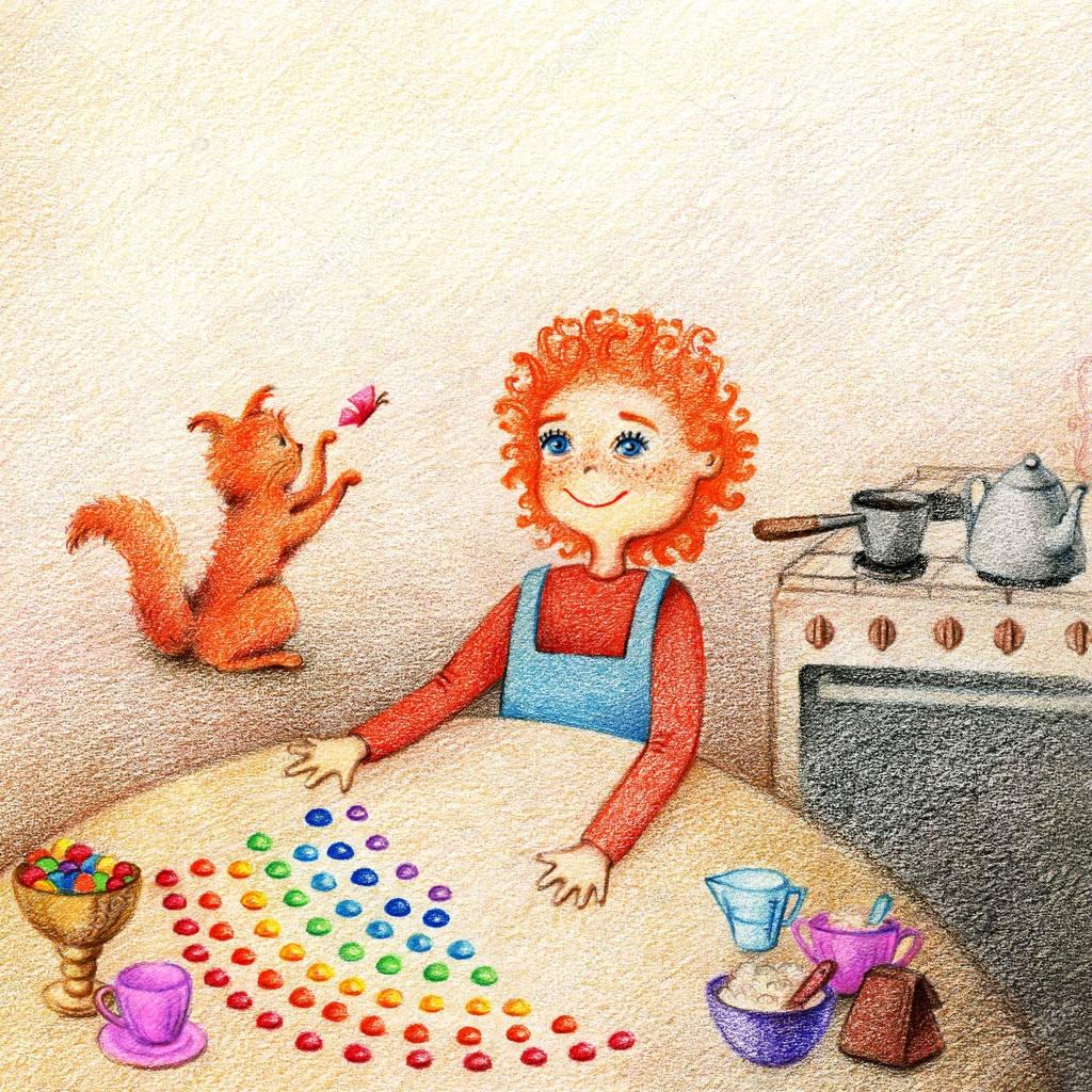  hands drawn picture of little boy standing at the table, preparing candies and red cat plays with butterfly on a kitchen 