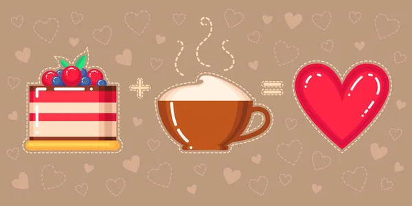 Ilustración vectorial de pastel, taza de capuchino y corazón rojo sobre fondo marrón — Archivo Imágenes Vectoriales