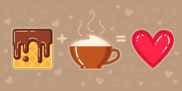 Vector illustration of waffle with chocolate glaze, cappuccino cup and red heart on brown background — Stock Vector