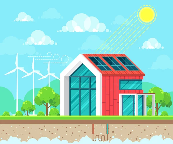 エコロジーをテーマに風景のベクター イラストをデザインしたフラット スタイル。太陽光発電、地熱や風力エネルギーのアイデア コンセプト — ストックベクタ