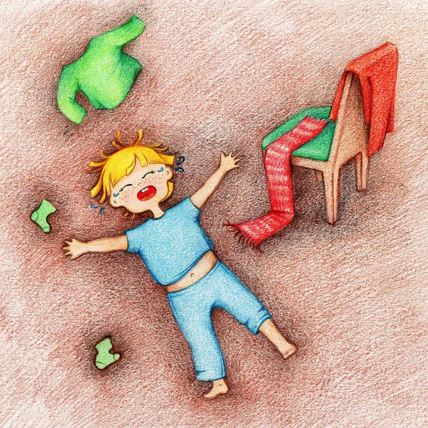 hands drawn picture of crying, screaming and stressed child  lying on the floor and sparse clothing by the color pencils