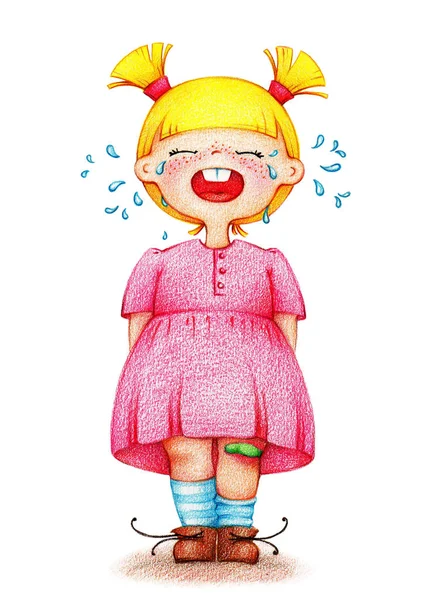 Hands drawn picture of little crying girl in pink dress with injured knee by the color pencils — Stock Photo, Image