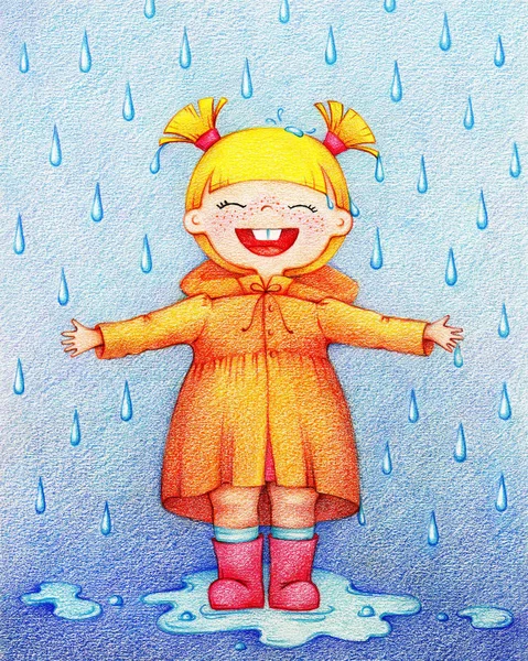 Rukama nakreslený obrázek šťastná holčička v žlutá pláštěnka a červené gumové koleno boty v deštivý den od barevné tužky — Stock fotografie