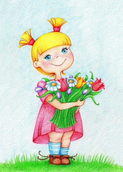 Renkli kalemler tarafından çizilmiş buket çiçek ile pembe elbiseli eller mutlu güzel kız resmi — Stok fotoğraf
