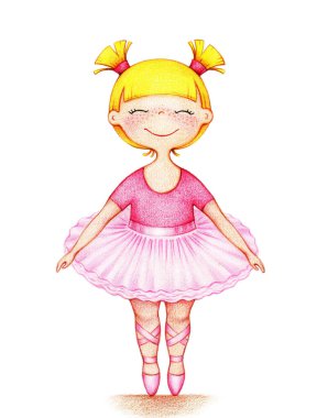 Elleri küçük güzel kız balet resmini pembe elbisenin içinde beyaz arka plan üzerinde renkli kalemler tarafından çizilmiş
