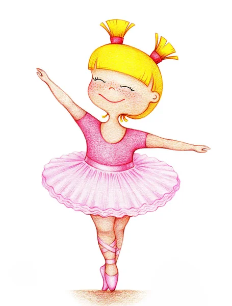 Handen die foto van weinig mooi meisje balletdanser in roze jurk op witte achtergrond de kleur potloden — Stockfoto