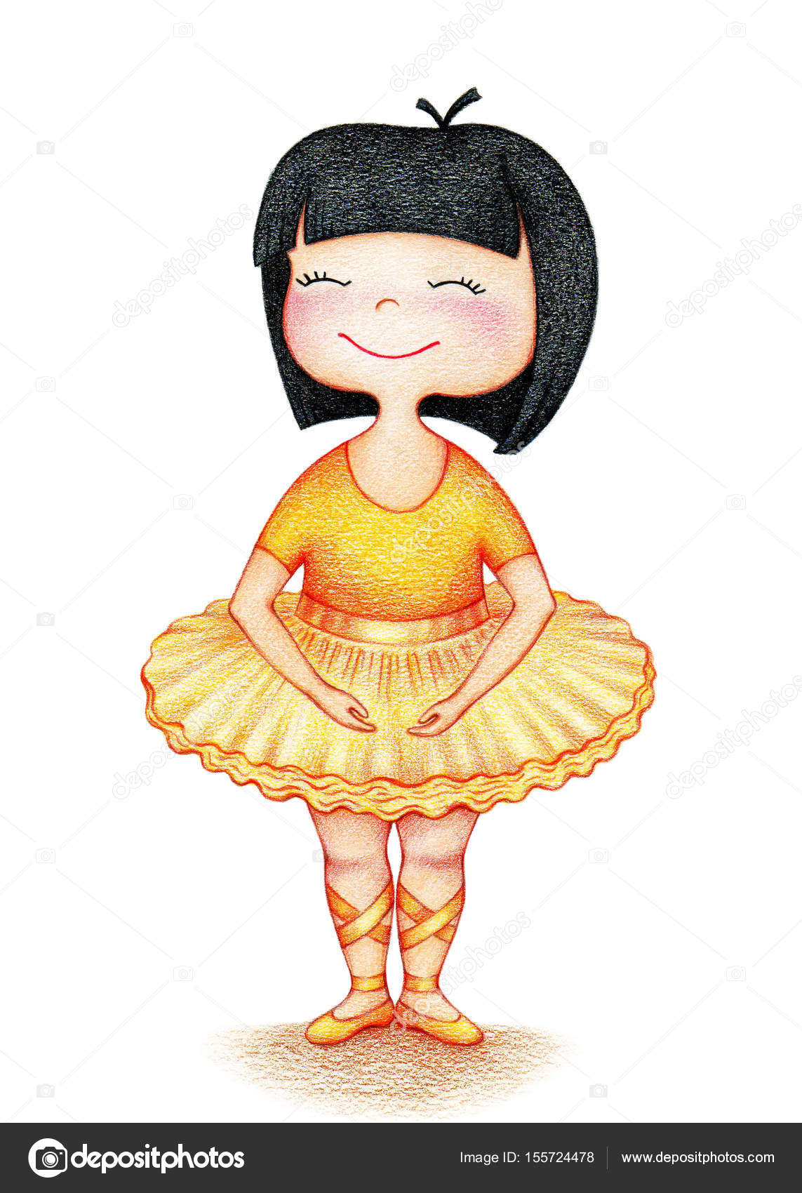 Mani disegnati foto di piccola ballerina bella ragazza in vestito giallo su sfondo bianco con le