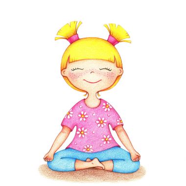 eller genç gülümseyen kız pembe tshirt ve renkli kalemler tarafından yoga yaparken mavi şort resmi çizilmiş