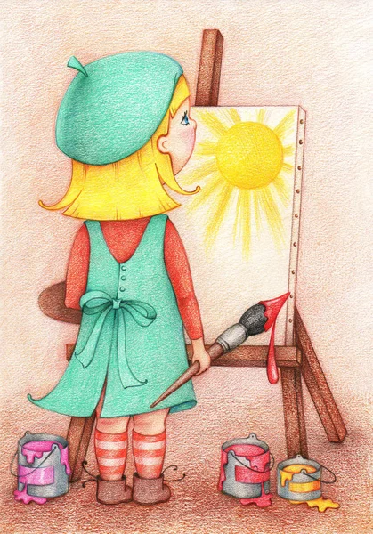 Hand getekende illustratie van meisje kunstenaar staat voor een ezel en trekt de zon op doek door de kleur potloden. Characterdesign. Creatieve mensen beroepen collectie — Stockfoto