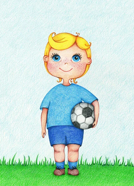 Manos ilustración dibujada de niño jugador de fútbol europeo por los lápices de color. Diseño de personajes. Colección de profesiones creativas — Foto de Stock