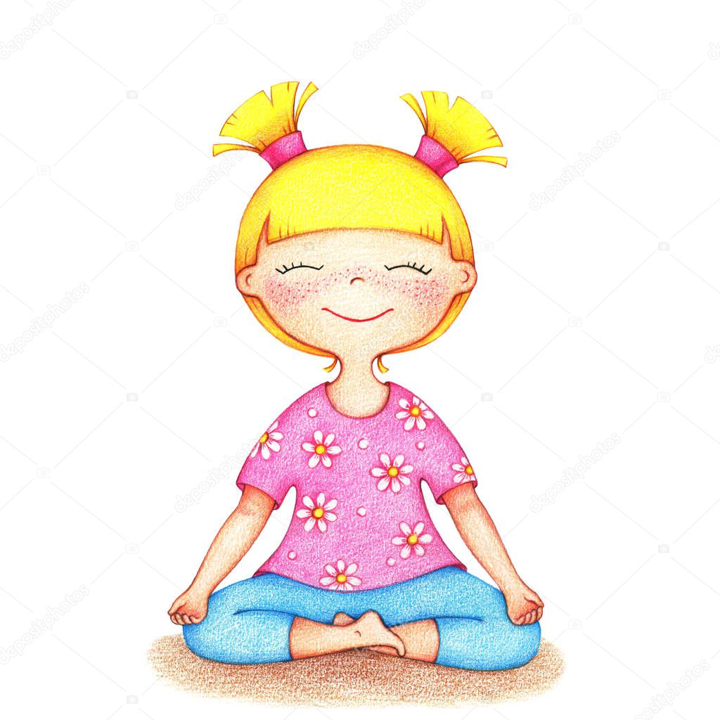hands drawn illustration of young smiling girl in pink tshirt and blue shorts doing yoga by the color pencils