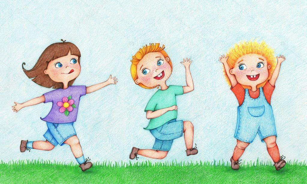 hand drawn illustration of three kids running and chasing after each other in summer by the color pencils