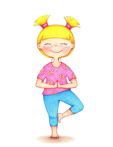 Ilustración dibujada de las manos de la muchacha sonriente joven en camiseta rosa y pantalones cortos azules haciendo yoga por los lápices del color —  Fotos de Stock