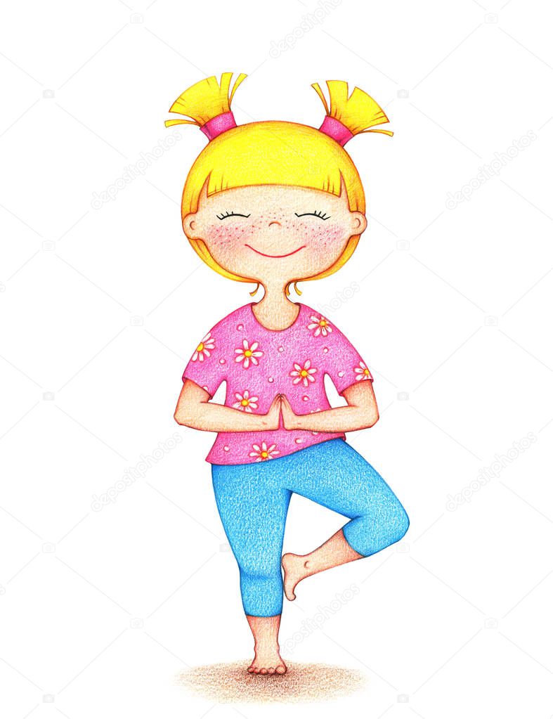 hands drawn illustration of young smiling girl in pink t-shirt and blue shorts doing yoga by the color pencils