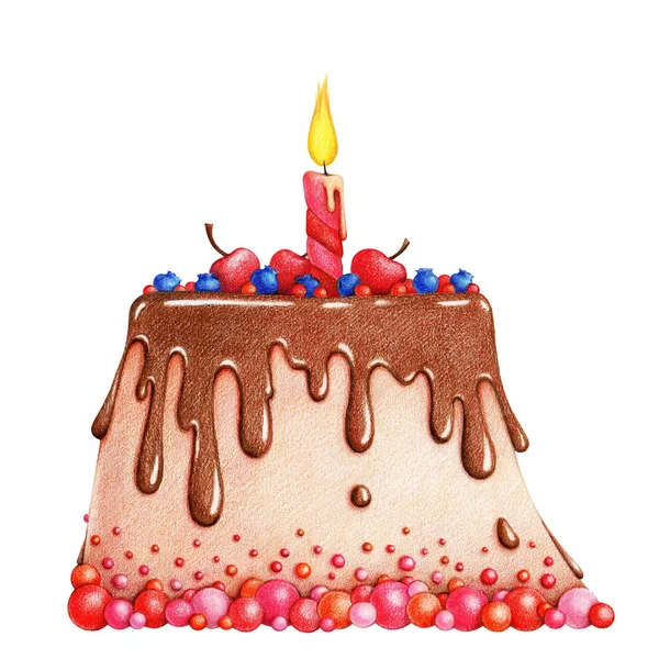 Τα χέρια που εικόνα του κέικ με γλάσο σοκολάτας, μούρα, κεράσια και κερί από τα μολύβια χρώματος — Φωτογραφία Αρχείου