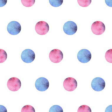  elleri pembe ve mavi daireler ile sulu boya Dikişsiz desen beyaz arka plan üzerinde çizilmiş.