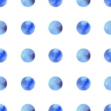 eller mavi daireler ile sulu boya Dikişsiz desen beyaz arka plan üzerinde çizilmiş.