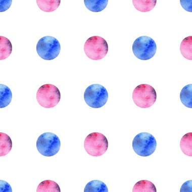 elleri pembe ve mavi daireler ile sulu boya Dikişsiz desen beyaz arka plan üzerinde çizilmiş. 