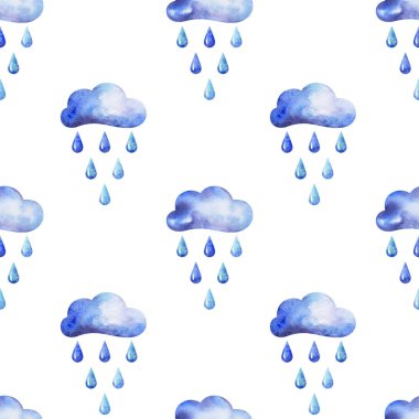 eller suluboya sonbahar seamless modeli bulutlar ve yağmur damlaları ile beyaz arka plan üzerinde çizilmiş.
