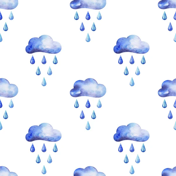 Hands drawn watercolor autumn seamless pattern with clouds and raindrops on white background — Stock Photo, Image