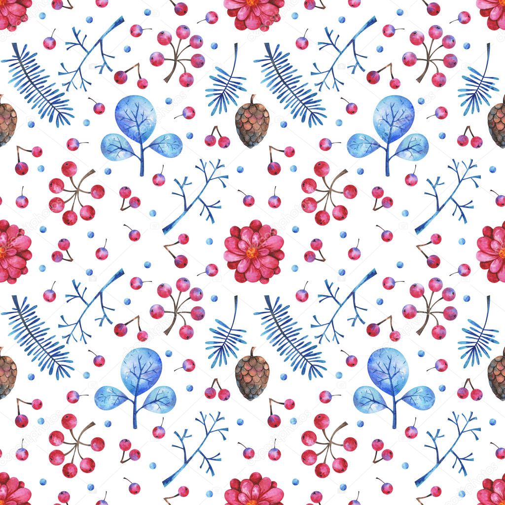 watercolor seamless pattern with floral elements on white background
