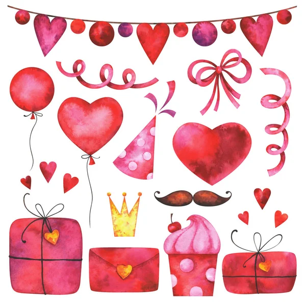 Hand Painted Valentine Day Clip Art Set Watercolor Party Collection — Stock Photo, Image