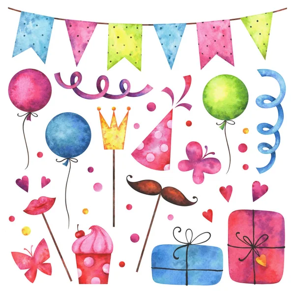 Watercolor Happy birthday clip art set. Hand painted hearts, gift boxes, festive garlands, air balloons, cake, butterflies, hat cone, confetti, props isolated on white background