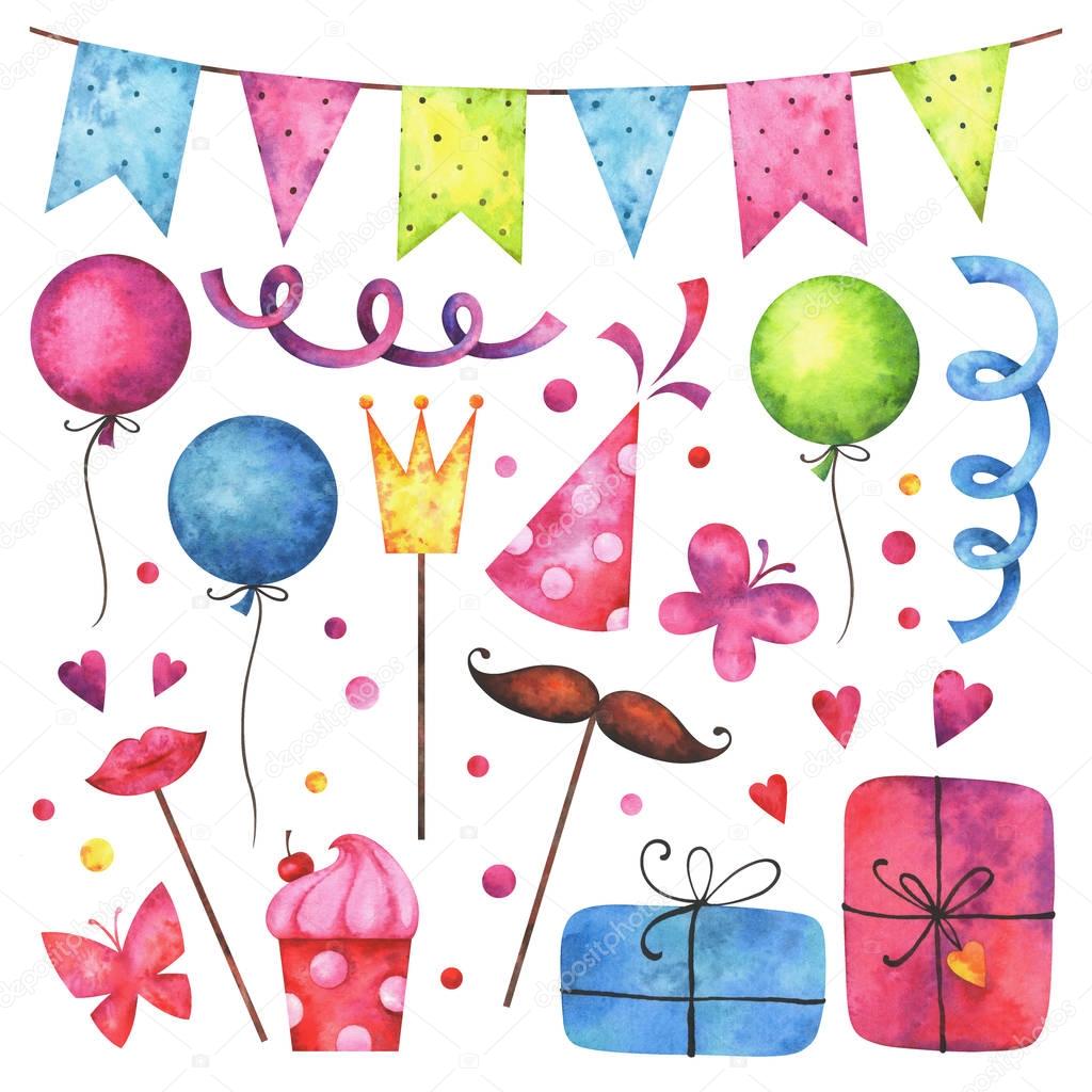 Watercolor Happy birthday clip art set. Hand painted hearts, gift boxes, festive garlands, air balloons, cake, butterflies, hat cone, confetti, props isolated on white background
