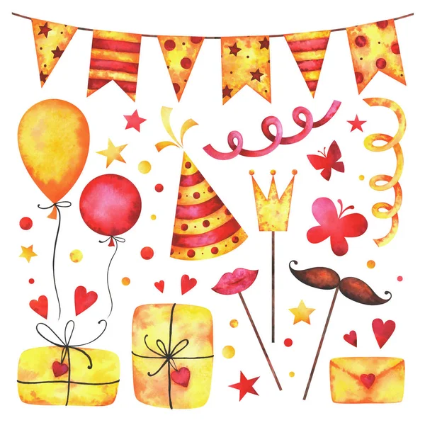 Sada Akvarel Happy Birthday Party Klipart Ručně Malované Srdce Dárkové — Stock fotografie