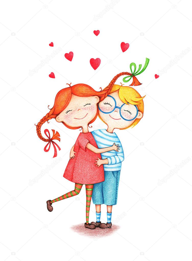 hand drawn picture of two children hug each other by the color pencils on white background. illustration of sentimental happy couple in love bonding	