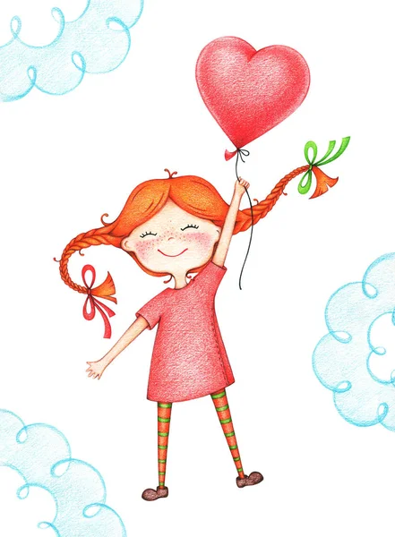 手画的孩子用红色气球飞行的彩色铅笔 感伤的快乐女孩的例证 — 图库照片