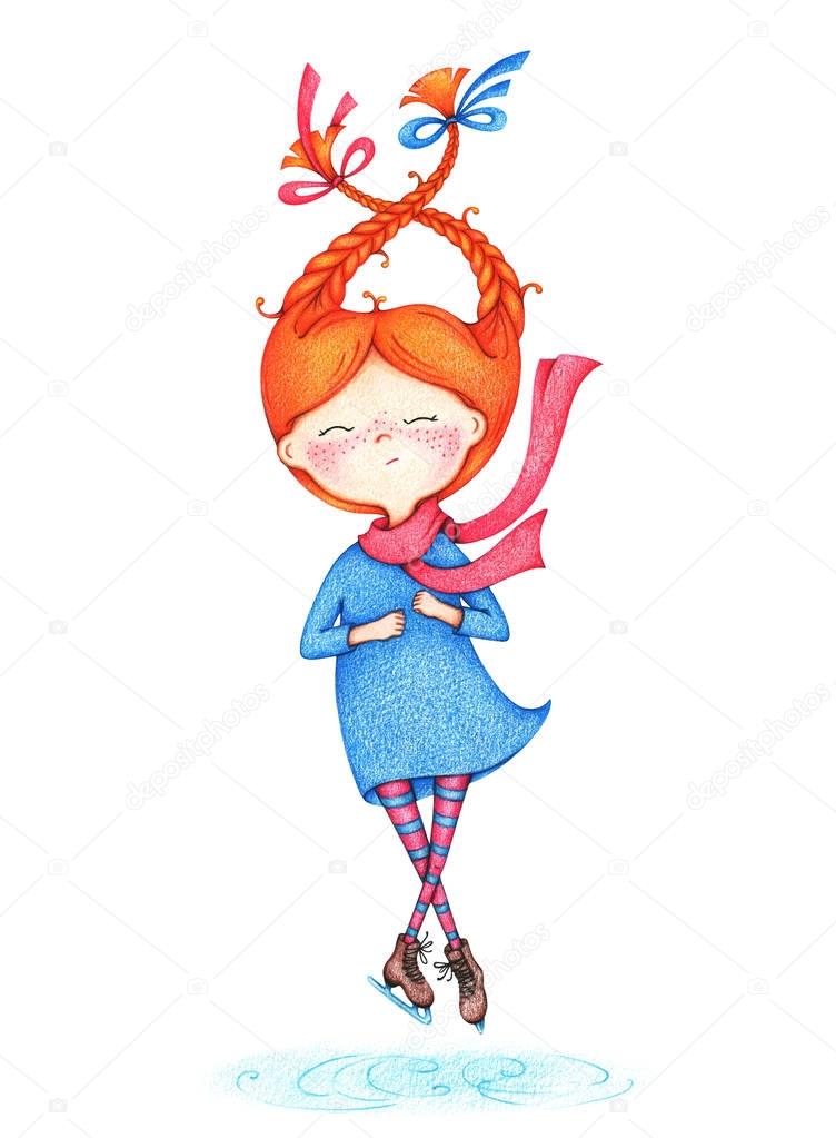hand drawn picture of girl figure skating on ice by the color pencils on white background. Winter fun sport activities illustration