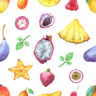 Suluboya mango, ananas, carambola, pitaya, lychee, passiflora mantarı, Kamkat, mangosten, beyaz arka plan üzerinde izole akebia quinata ile seamless egzotik modeli el boyalı