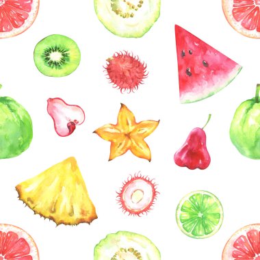 Egzotik meyve ile seamless modeli el boyalı. Suluboya ananas, rambutan, kireç, kiwi, psidium guajava, greyfurt, carambola, chompu, beyaz arka plan üzerinde izole karpuz