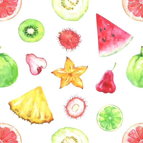 手描きのエキゾチックなフルーツのシームレスなパターン 水彩パイナップル ランブータン ライム キウイ シジウムおよび グレープ フルーツ ゴレンシ Chompu — ストック写真