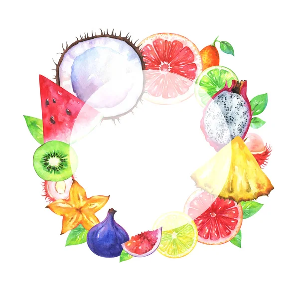 Hand Painted Fruit Frame Watercolor Pineapple Carambola Coconut Fig Kiwi — Stock Photo, Image