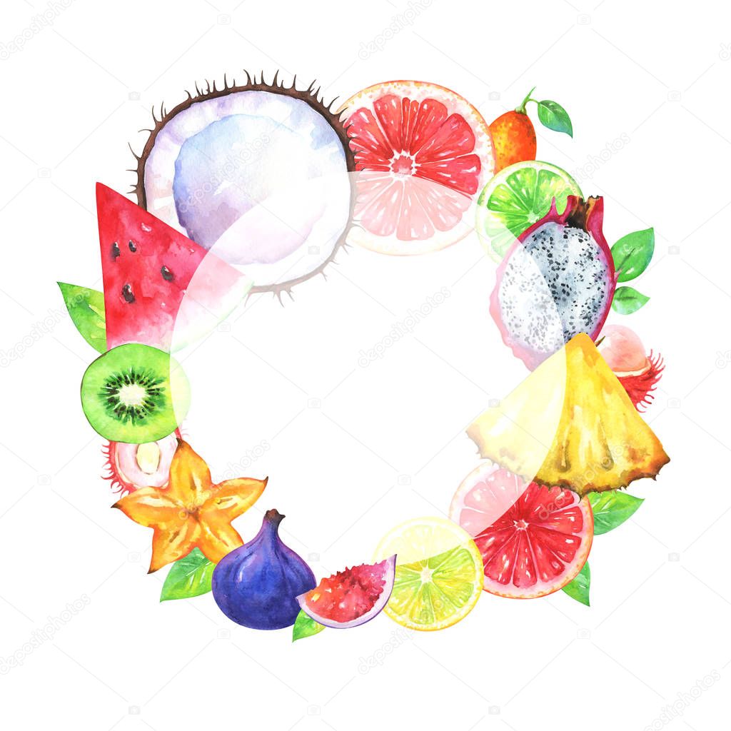 Hand painted round fruit frame. Watercolor pineapple, carambola, coconut, fig, kiwi, rambutan, watermelon, kumquat, lime, grapefruit, pitaya, blood orange, lemon and green leafs on white background