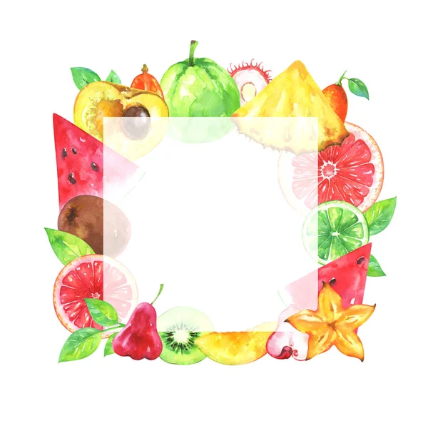 Hand Painted Square Fruit Frame Watercolor Pineapple Carambola Kiwi Rambutan — Stock Photo, Image