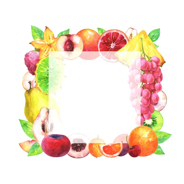 Hand Painted Square Fruit Frame Watercolor Pineapple Horned Melon Grapes — Stock Photo, Image