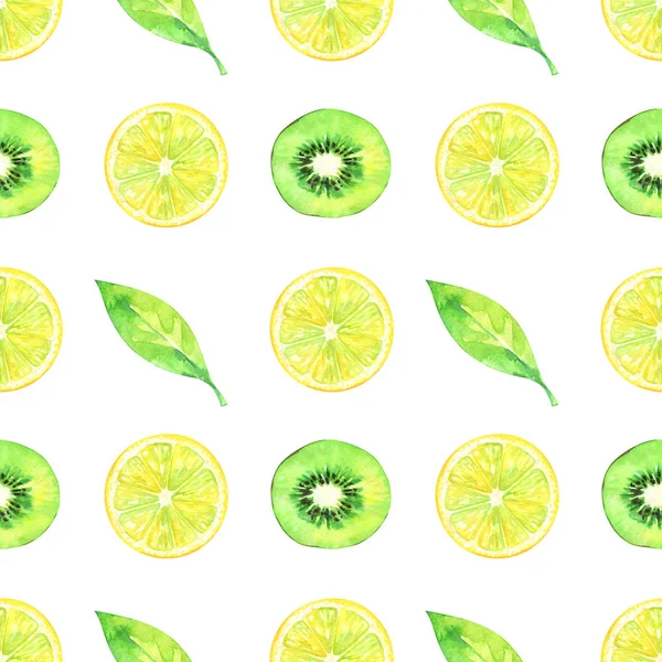Handgemaltes Minimalistisches Nahtloses Fruchtmuster Aquarell Kiwi Zitrone Und Grünes Blatt — Stockfoto